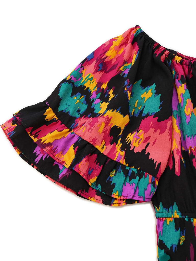 Multicolor 1960er Abstrakt Farben Rüschen Schulterfrei Romper