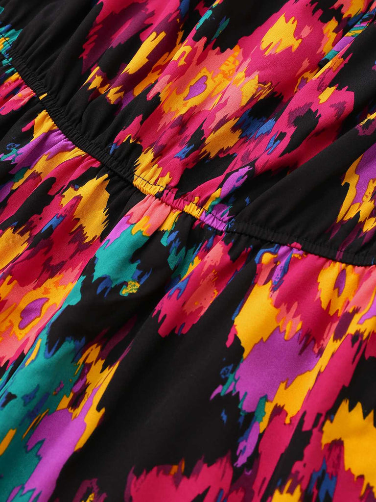 Multicolor 1960er Abstrakt Farben Rüschen Schulterfrei Romper