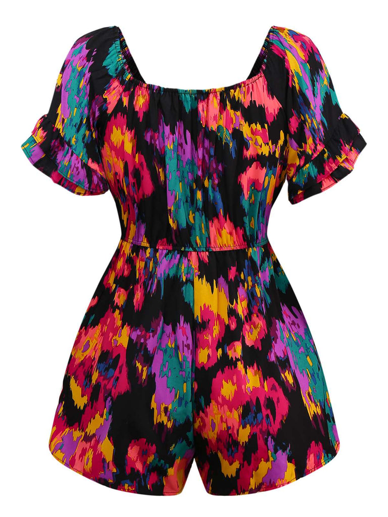 Multicolor 1960er Abstrakt Farben Rüschen Schulterfrei Romper