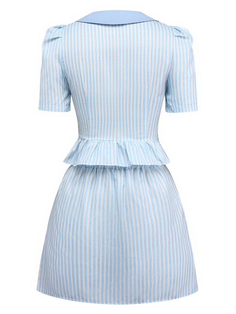 2PCS 1960er Vertikal Streifen Peter Pan Kragen Bluse & Rock