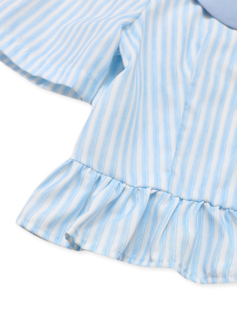 2PCS 1960er Vertikal Streifen Peter Pan Kragen Bluse & Rock