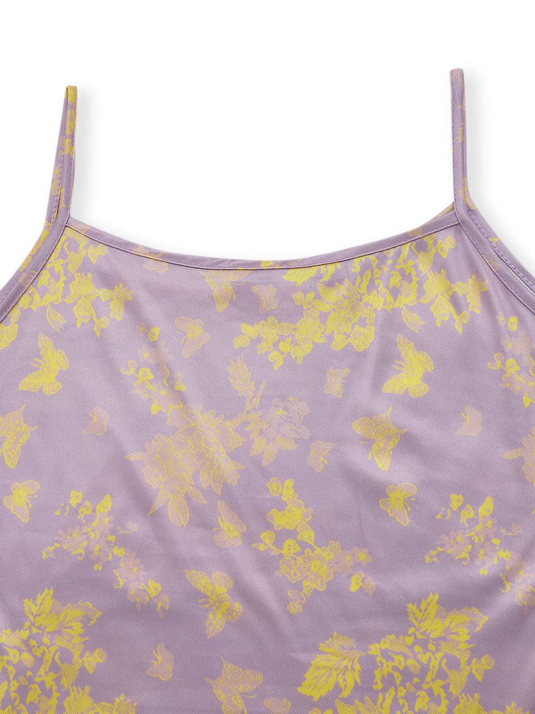 Lila 1930er Schmetterling Blumen Meerjungfrauen Slip Kleid