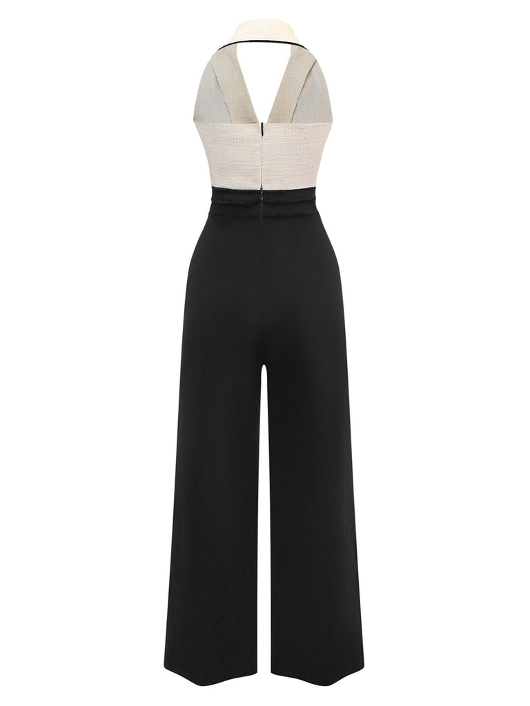 Schwarz & Weiß 1930er Kontrast Gekerbter Kragen Jumpsuit