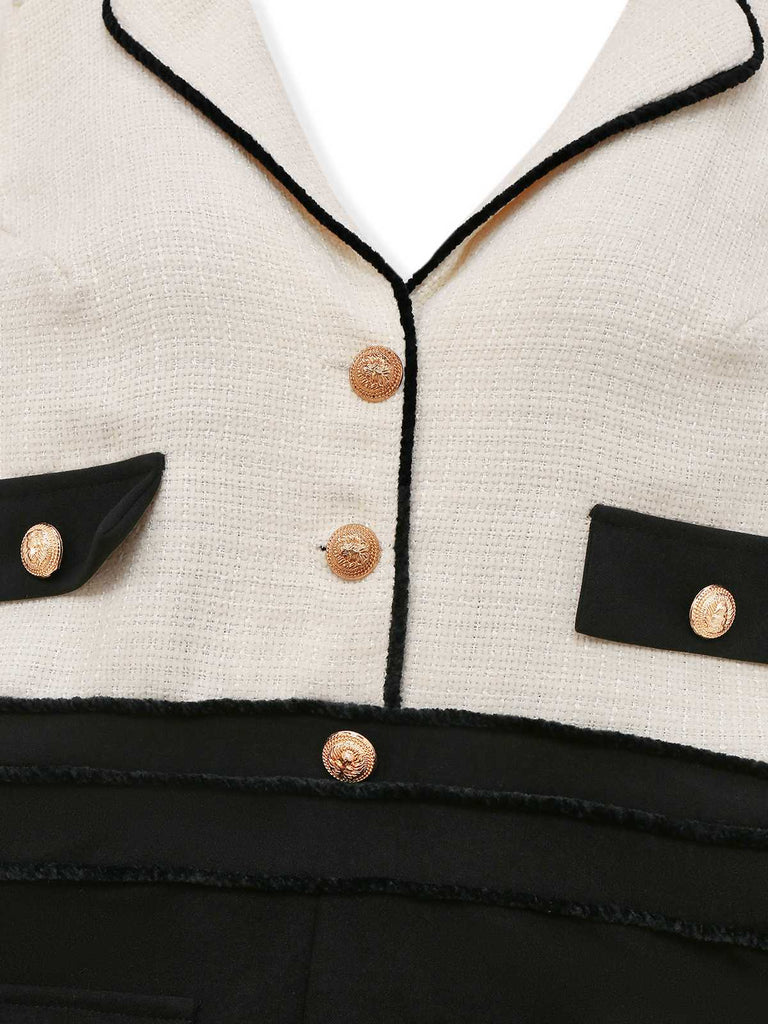 Schwarz & Weiß 1930er Kontrast Gekerbter Kragen Jumpsuit