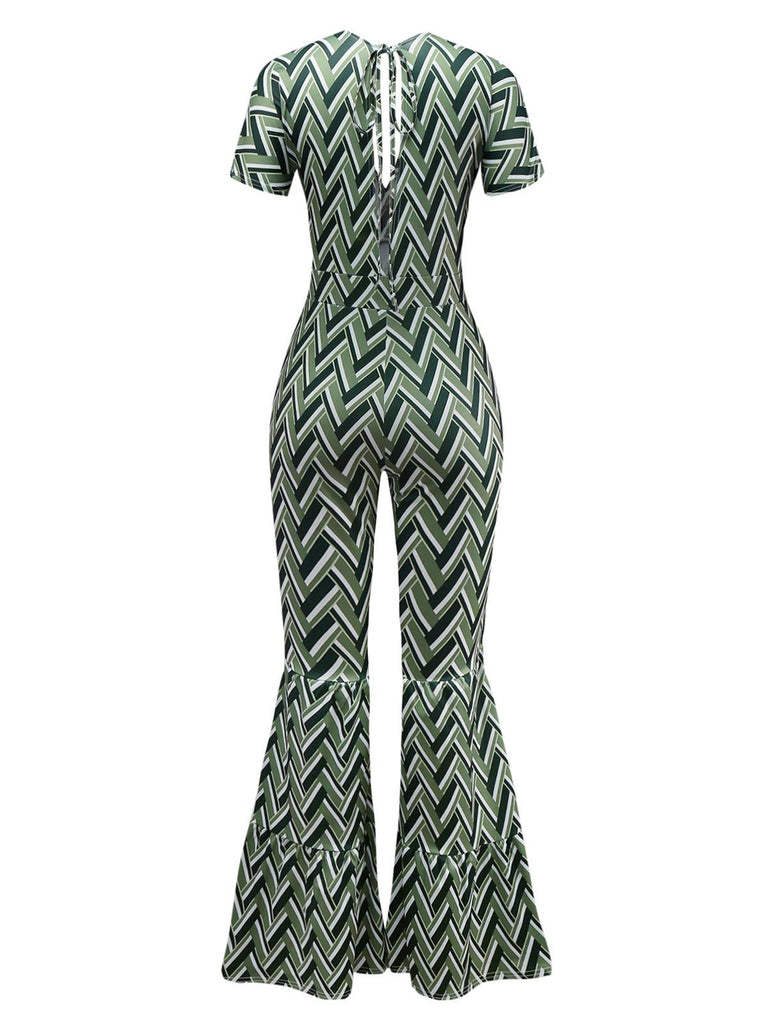 Grün 1970er Boho Tief V-Ausschnitt Ausgestelltes Bein Jumpsuit
