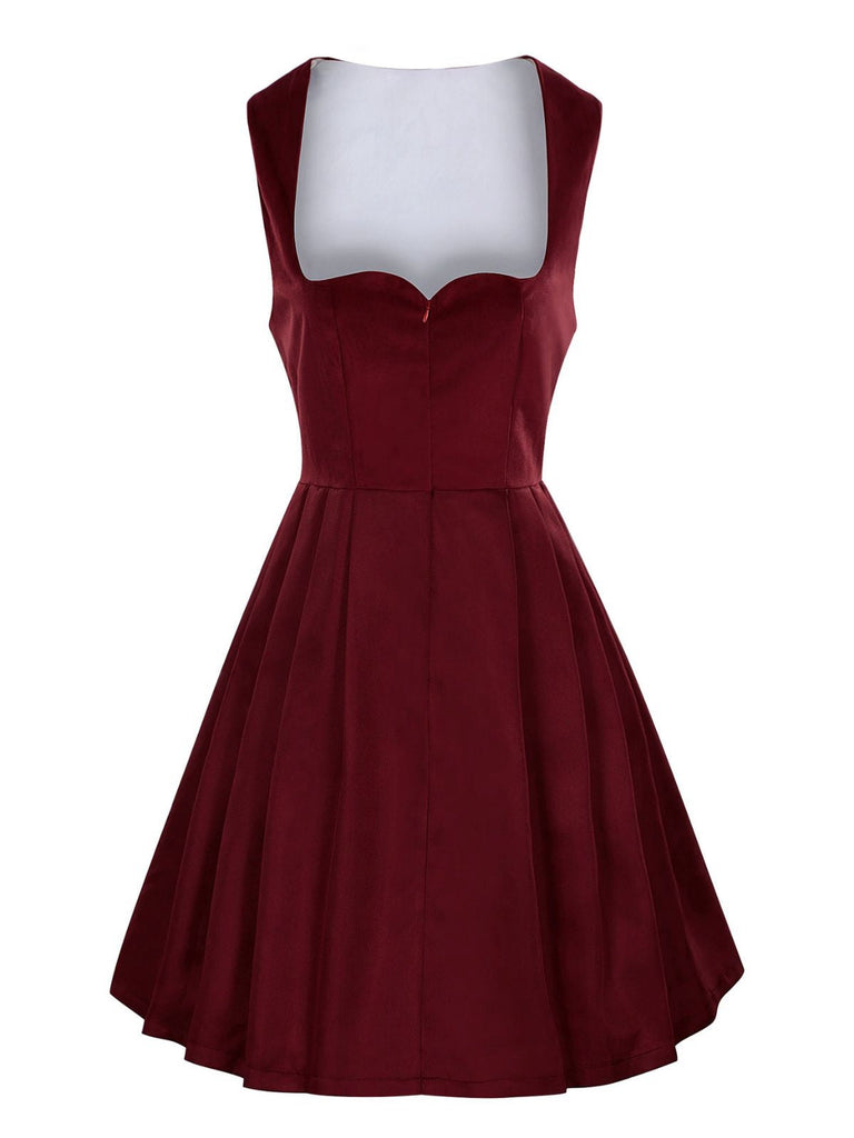 2PCS Weinrot 1950er Oktoberfest Dirndl Blumen Samt Kleid & Schürze