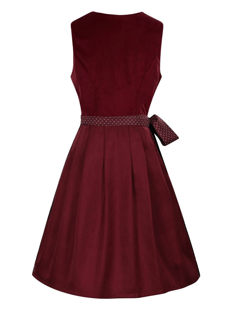 2PCS Weinrot 1950er Oktoberfest Dirndl Blumen Samt Kleid & Schürze