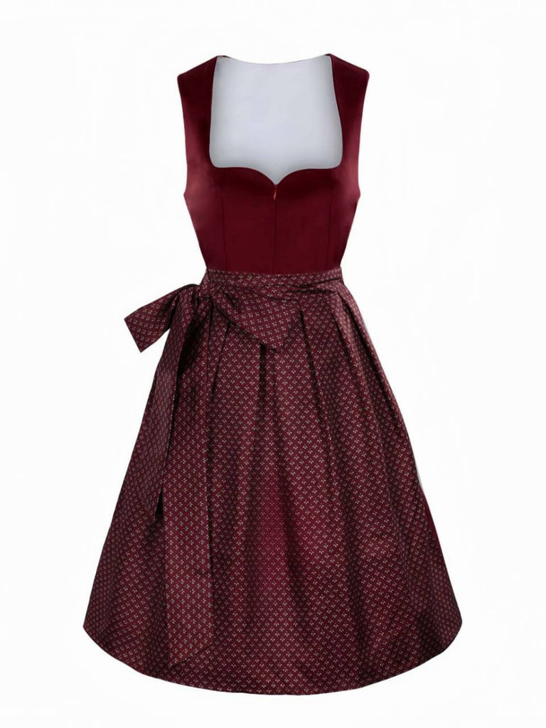 2PCS Weinrot 1950er Oktoberfest Dirndl Blumen Samt Kleid & Schürze