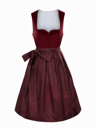 2PCS Weinrot 1950er Oktoberfest Dirndl Blumen Samt Kleid & Schürze