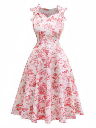 Rosa 1950er Rosen Herzförmiger Hals Swing Kleid
