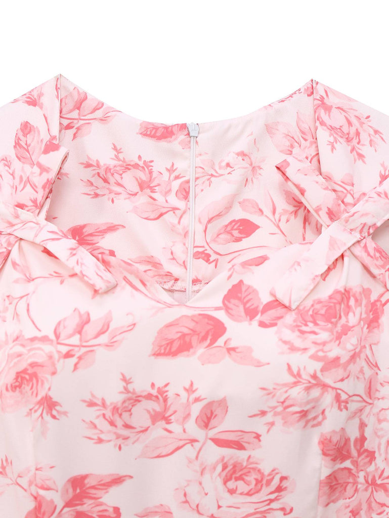 Rosa 1950er Rosen Herzförmiger Hals Swing Kleid