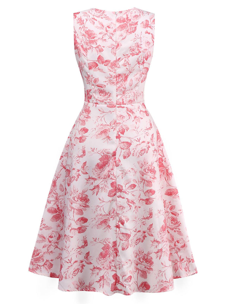 Rosa 1950er Rosen Herzförmiger Hals Swing Kleid