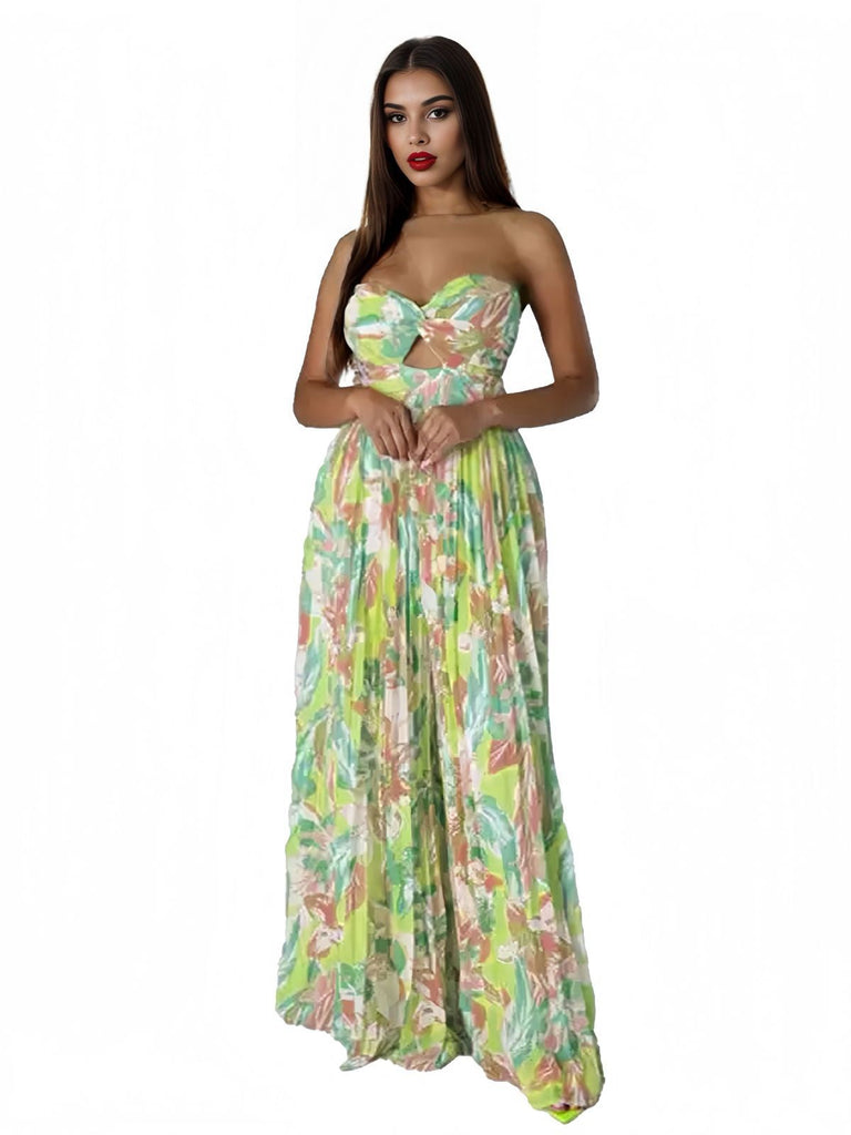 Grün 1960er Blumen Trägerlos Hohl Twist Plissiertes Jumpsuit