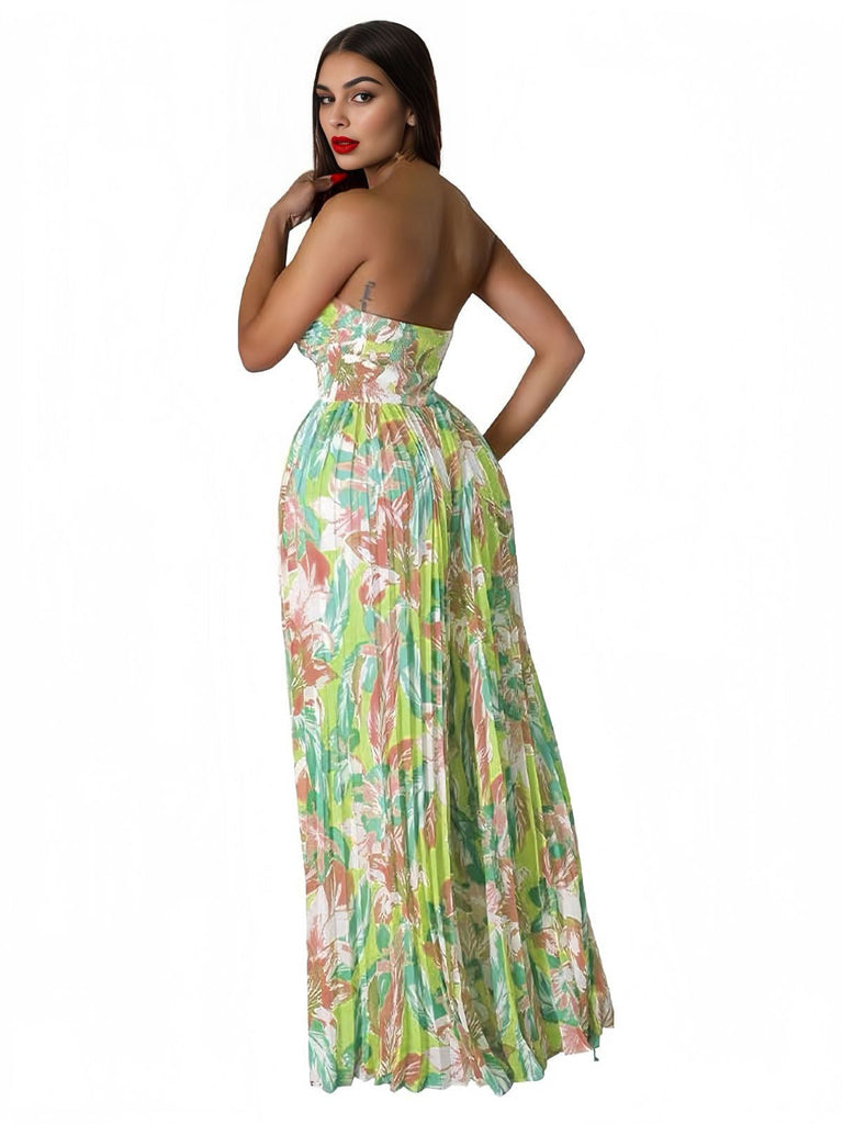 Grün 1960er Blumen Trägerlos Hohl Twist Plissiertes Jumpsuit