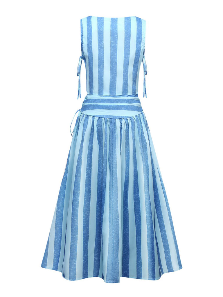 2PCS Blau 1950er Streifen Quadratischer Hals Top & Gerüschtes Rock