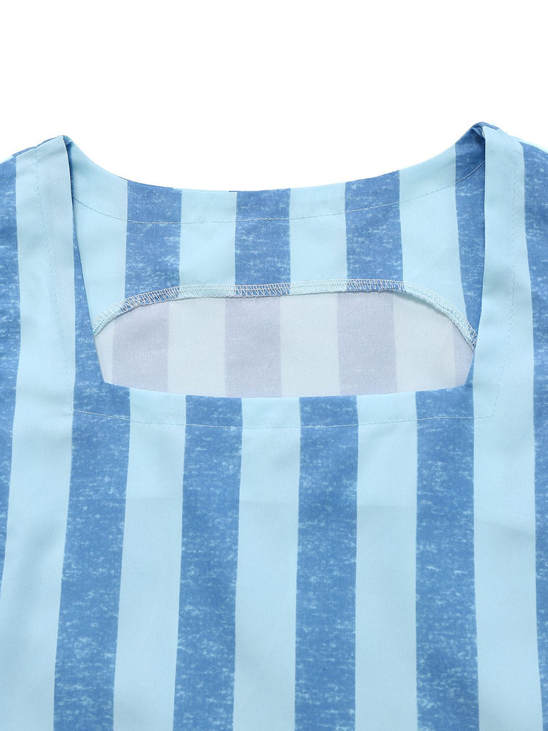 2PCS Blau 1950er Streifen Quadratischer Hals Top & Gerüschtes Rock