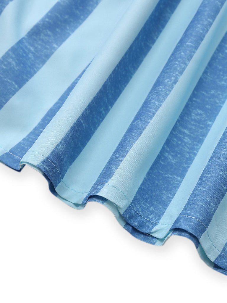 2PCS Blau 1950er Streifen Quadratischer Hals Top & Gerüschtes Rock