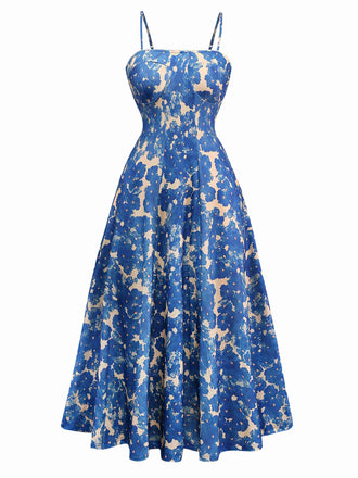 Blau 1940er Malerei Blumen Träger Kleid
