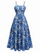 Blau 1940er Malerei Blumen Träger Kleid