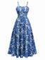 Blau 1940er Malerei Blumen Träger Kleid