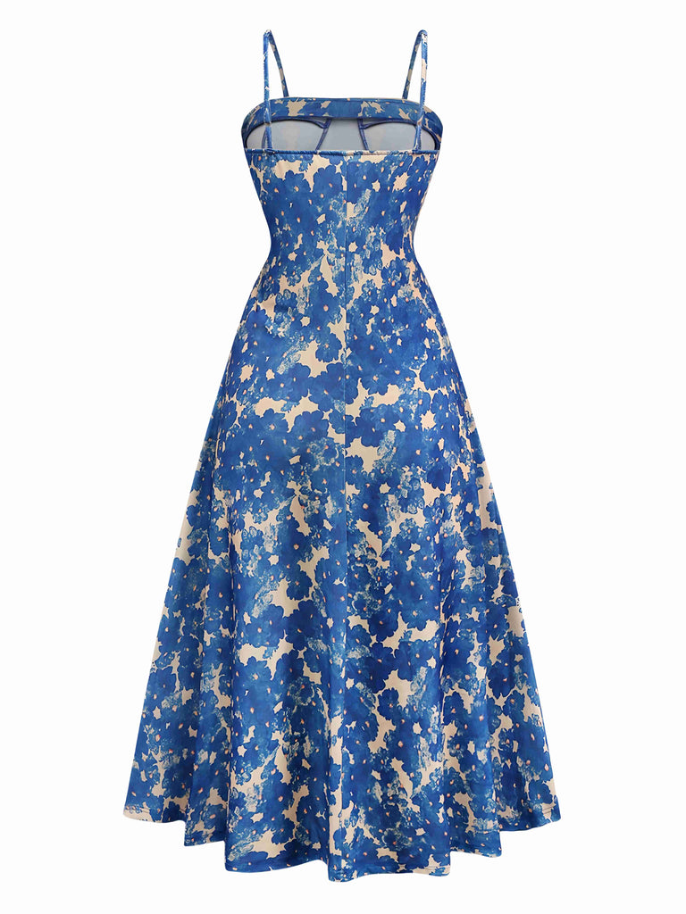 Blau 1940er Malerei Blumen Träger Kleid