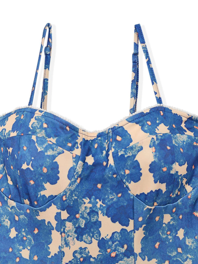 Blau 1940er Malerei Blumen Träger Kleid