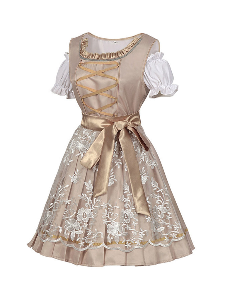 2PCS Sekt 1950er Puffärmel Top & Blumen Bogen Kleid