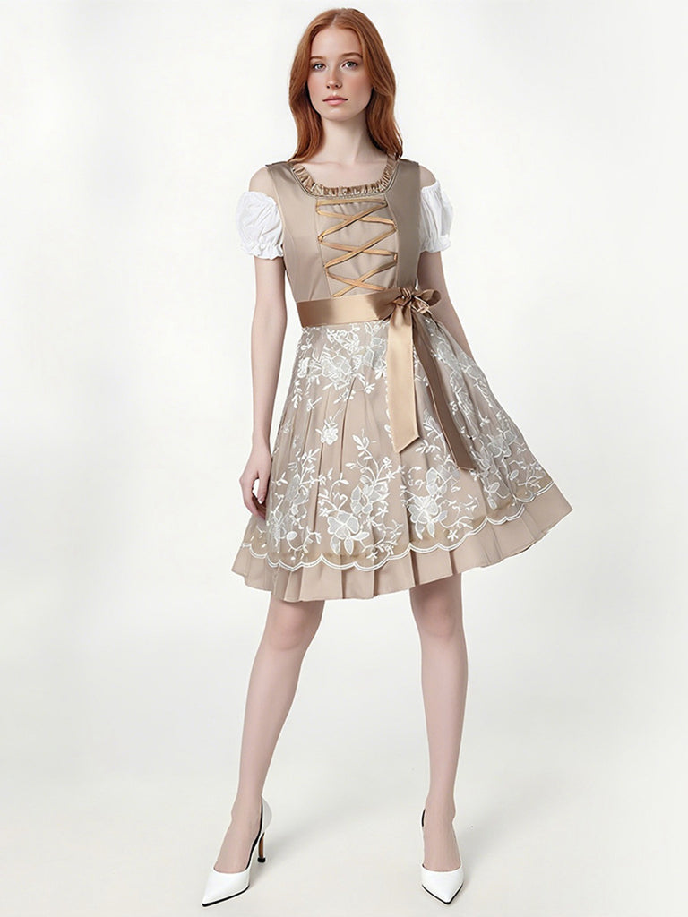 2PCS Sekt 1950er Puffärmel Top & Blumen Bogen Kleid