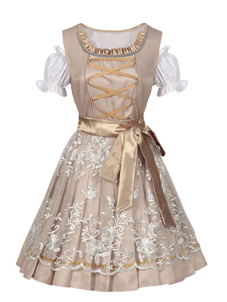 2PCS Sekt 1950er Puffärmel Top & Blumen Bogen Kleid