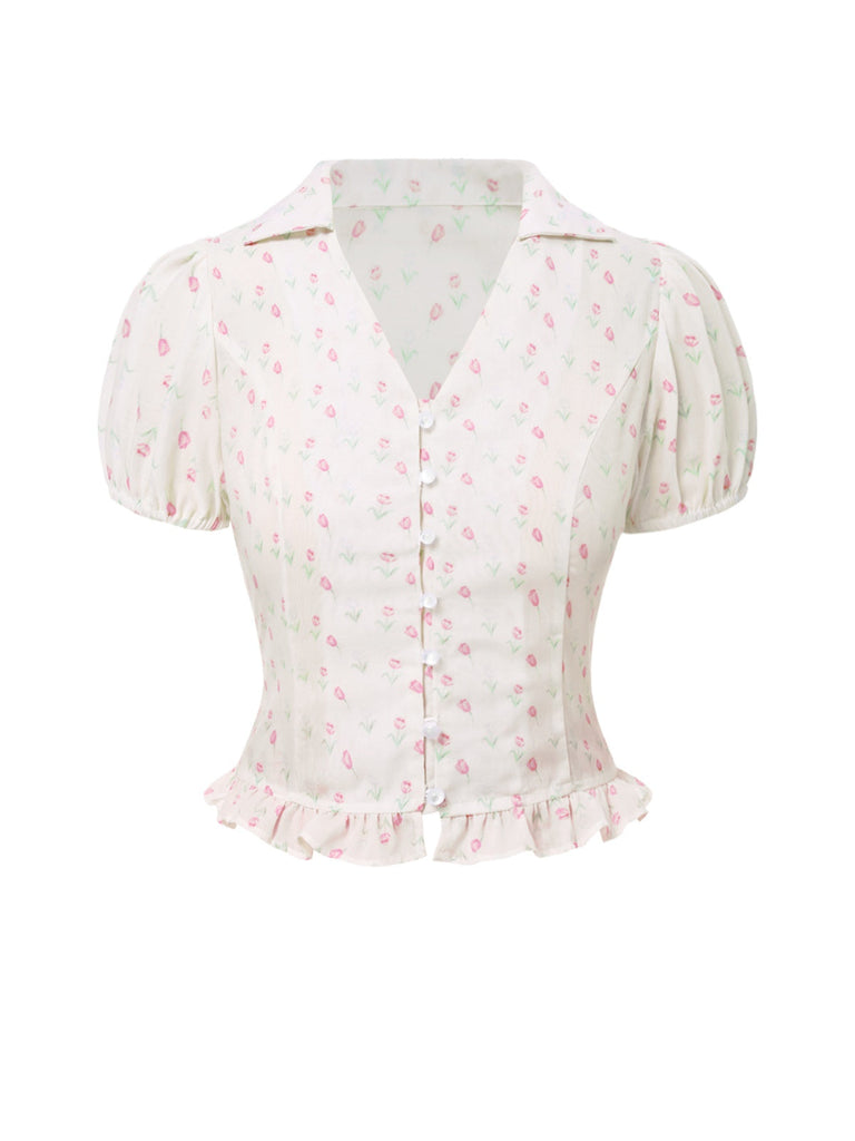Rosa 1940er Tulip V-Ausschnitt Revers Rüschen Bluse