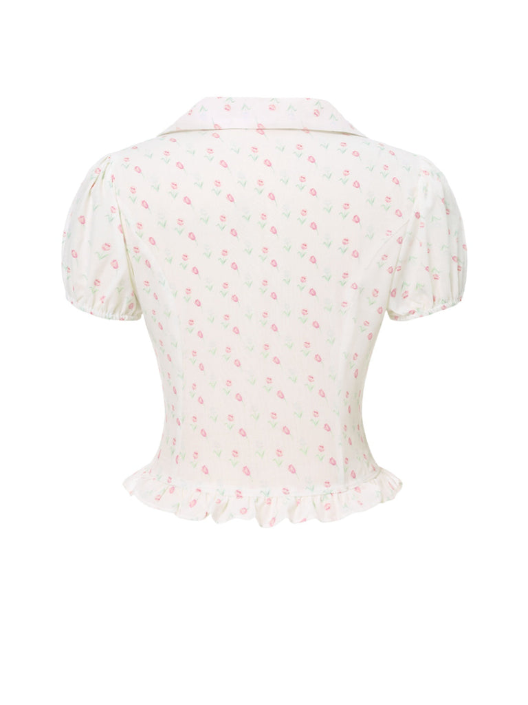 Rosa 1940er Tulip V-Ausschnitt Revers Rüschen Bluse