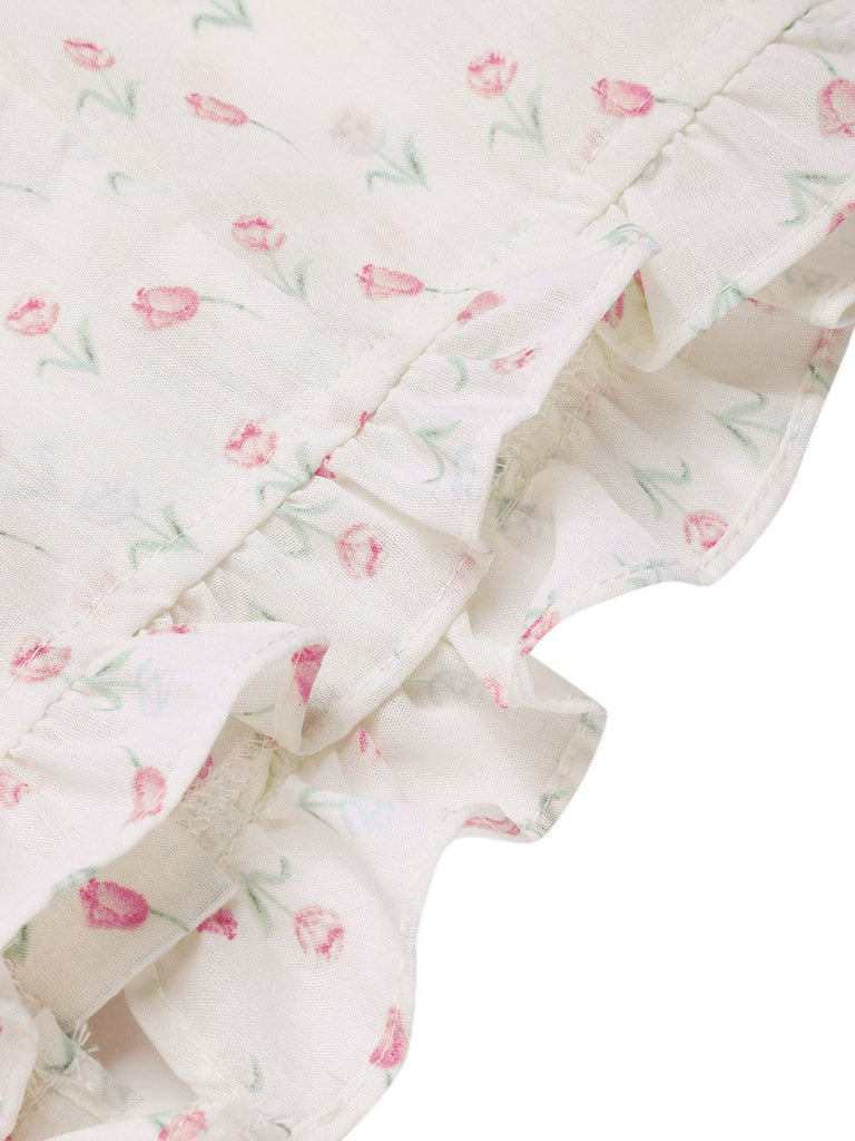 Rosa 1940er Tulip V-Ausschnitt Revers Rüschen Bluse