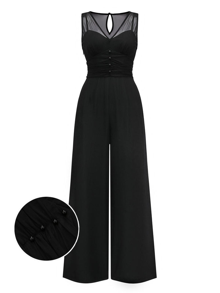 Schwarz 1930er Netz Plissiertes Patchwork Jumpsuit