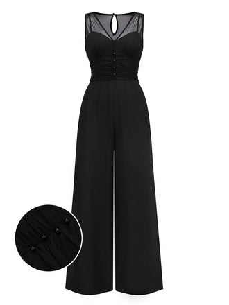 Schwarz 1930er Netz Plissiertes Patchwork Jumpsuit