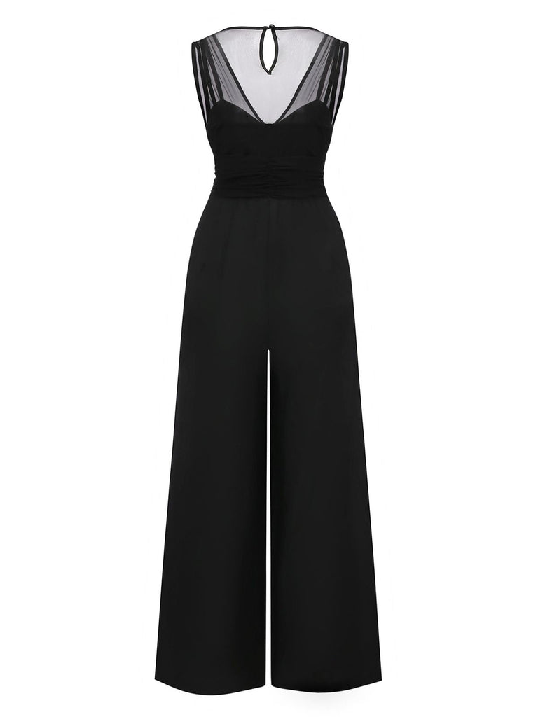 Schwarz 1930er Netz Plissiertes Patchwork Jumpsuit