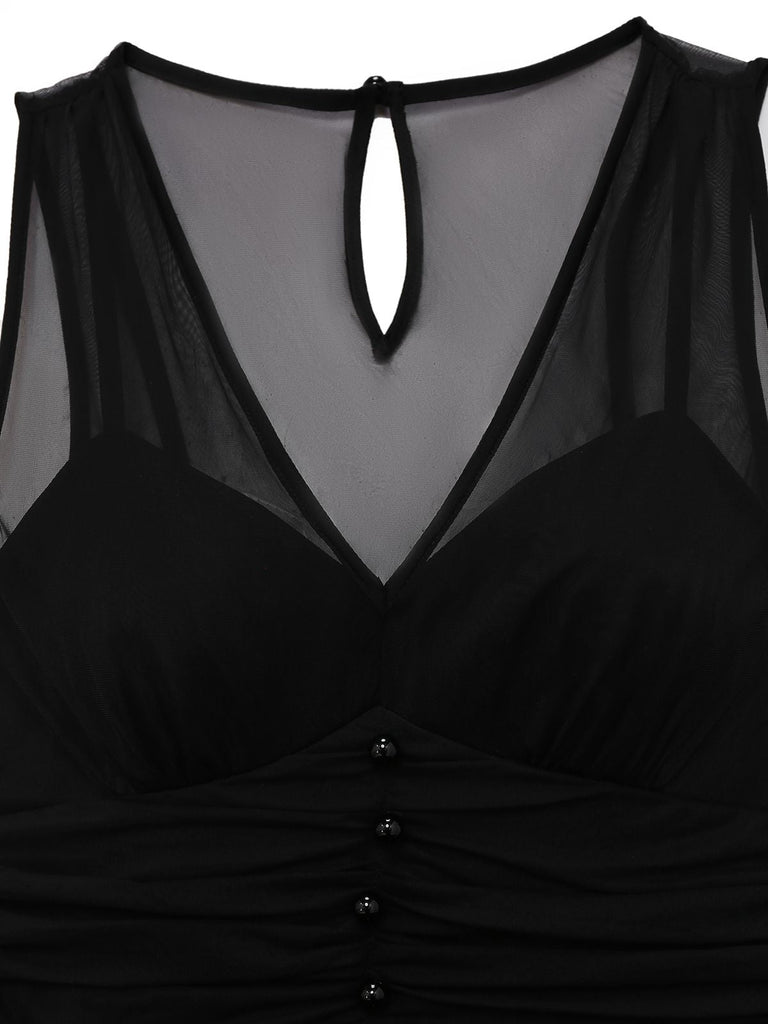 Schwarz 1930er Netz Plissiertes Patchwork Jumpsuit