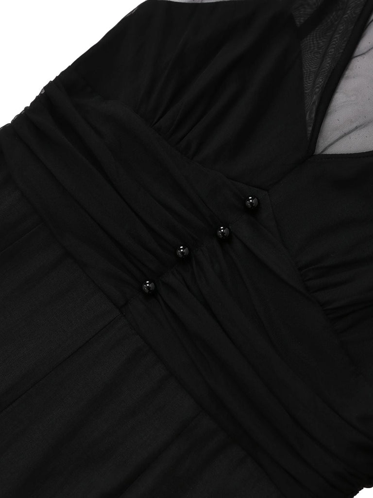 Schwarz 1930er Netz Plissiertes Patchwork Jumpsuit