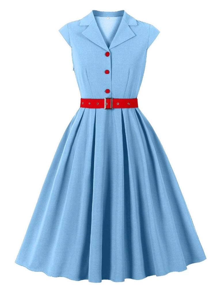 Blau 1950er Tasten Flügelärmel Revers Gürtel Kleid