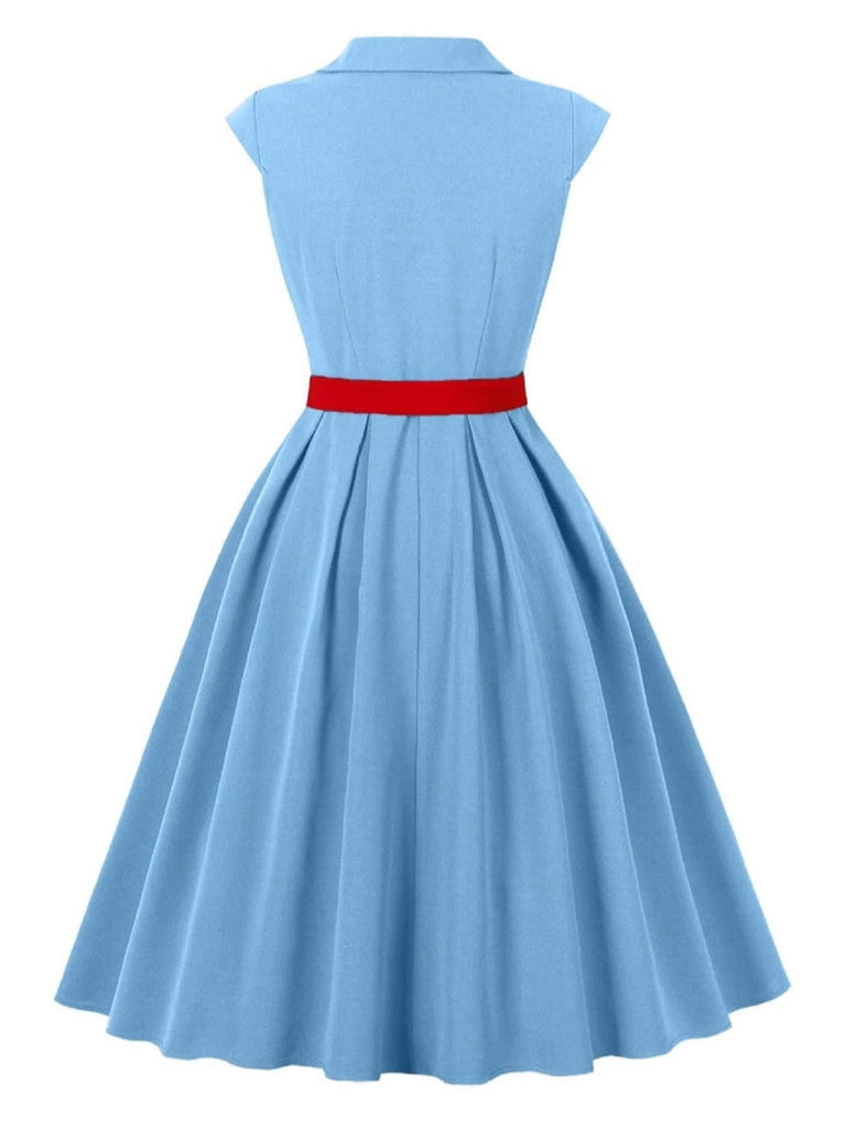 Blau 1950er Tasten Flügelärmel Revers Gürtel Kleid