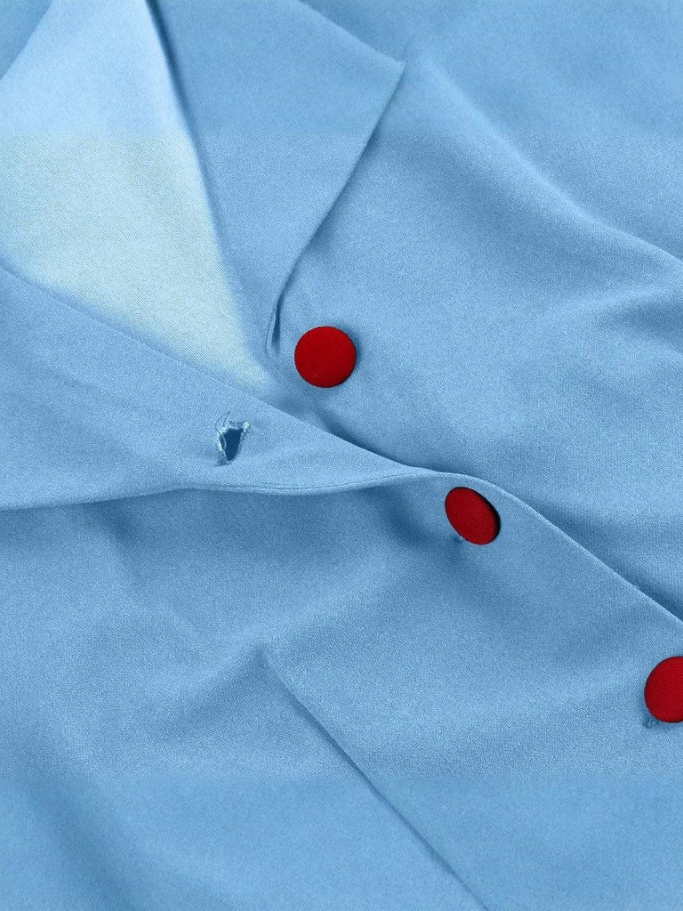 Blau 1950er Tasten Flügelärmel Revers Gürtel Kleid