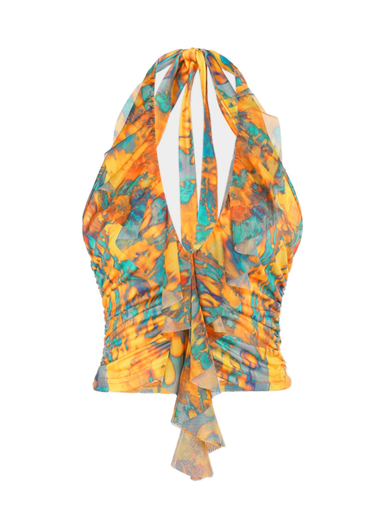 Gelb 1960er Flamme Halter Gerüschtes Top