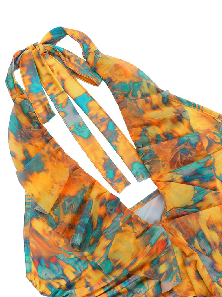 Gelb 1960er Flamme Halter Gerüschtes Top