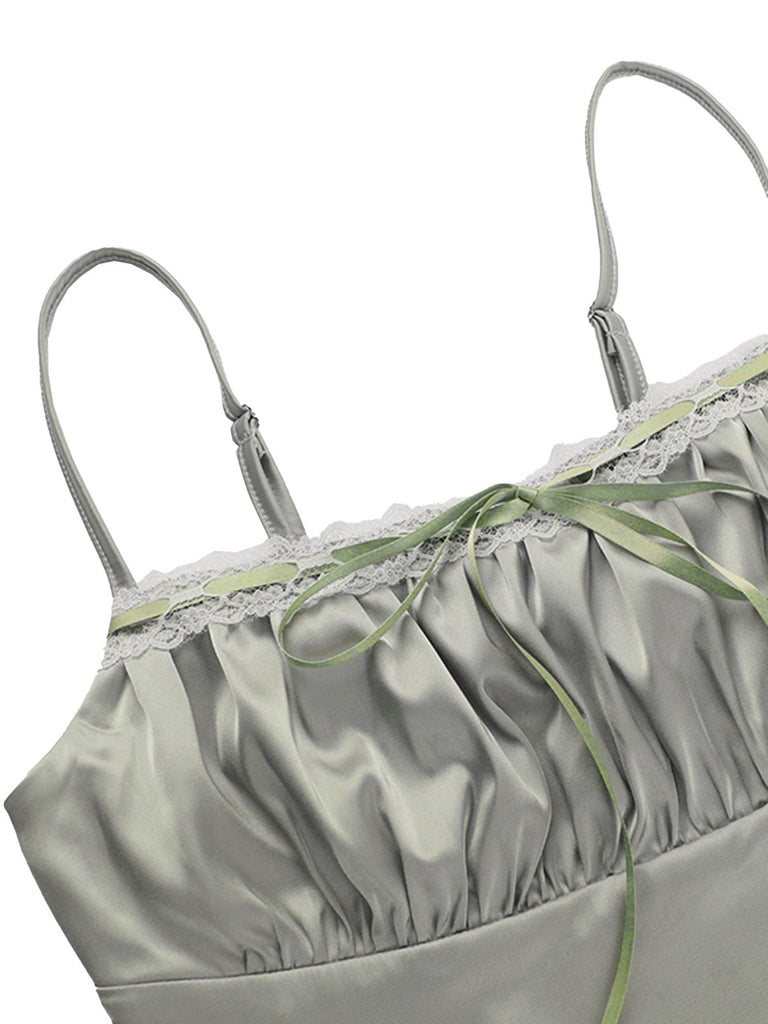 Grün 1970er Satin Gerüschtes Büste Hosenträger Cami Top