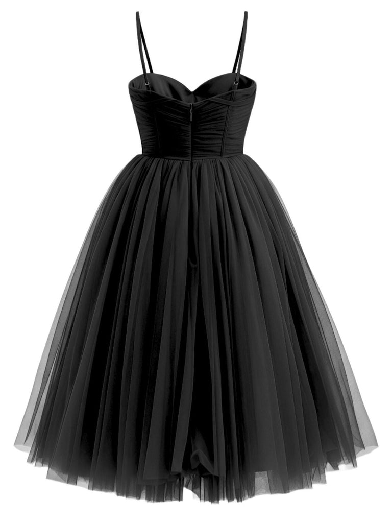 1950er Herzförmiger Hals Gerüschtes Netz Kleid