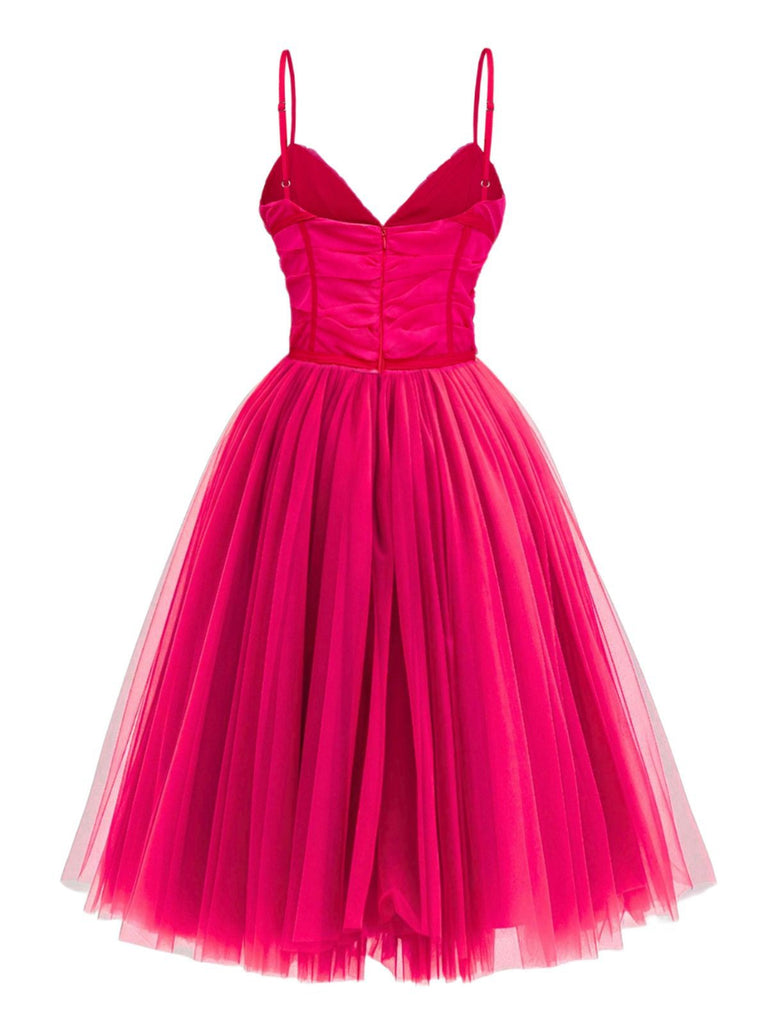 1950er Herzförmiger Hals Gerüschtes Netz Kleid