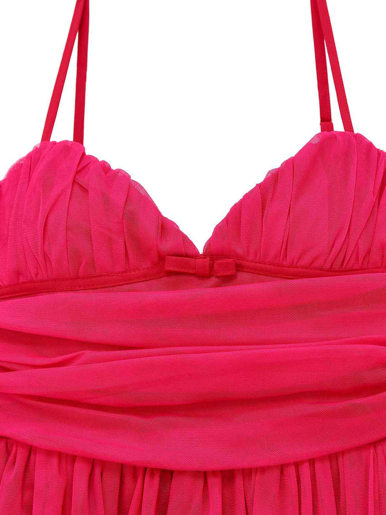 1950er Herzförmiger Hals Gerüschtes Netz Kleid