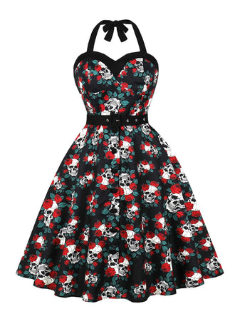 Schwarz 1950er Halloween Schädel Rosen Halter Kleid