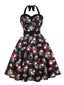 Schwarz 1950er Halloween Schädel Rosen Halter Kleid
