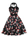 Schwarz 1950er Halloween Schädel Rosen Halter Kleid