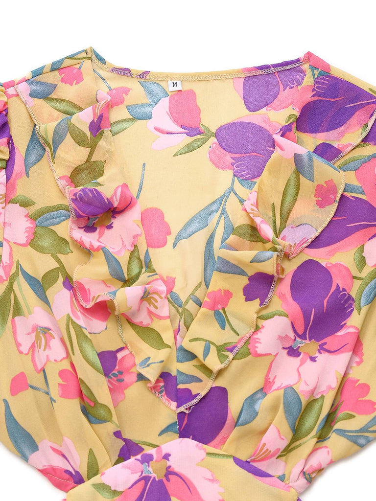 Gelb 1930er Blumen Rüschen Tief V-Ausschnitt Ausgeschnitten Kleid